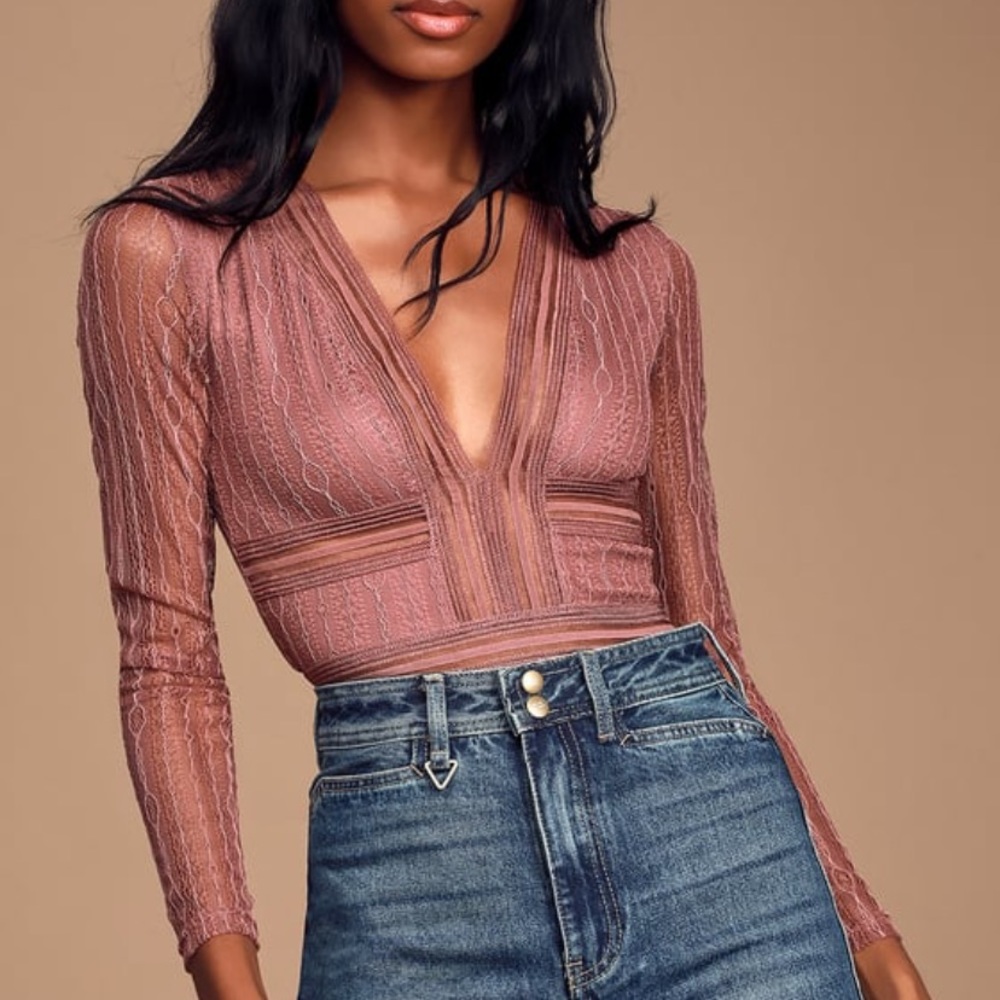 Lulus Mauve Pink Sheer Lace Bodysuit